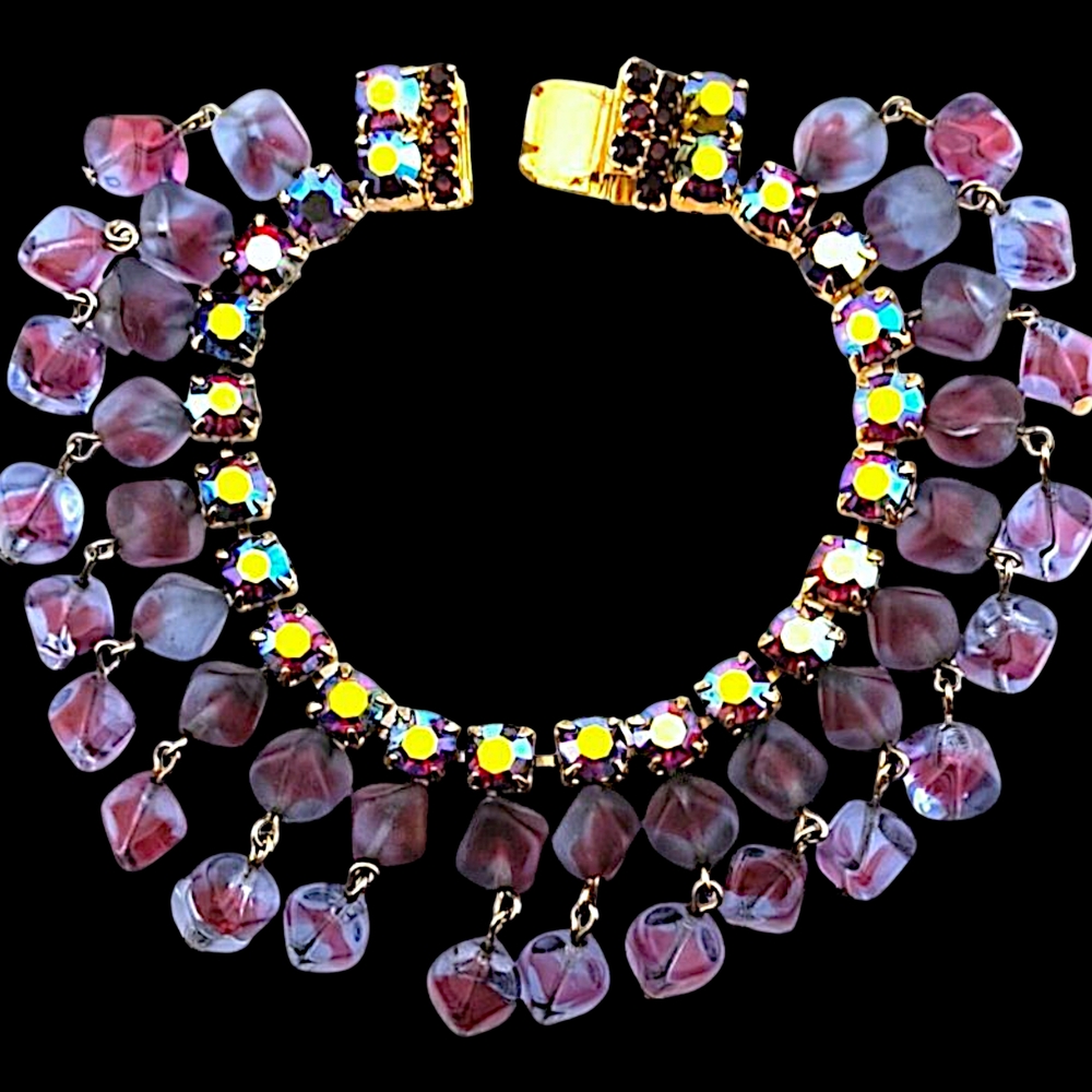 Vintage Red Purple Rhinestone Bracelet, Dangly Art Glass Beads